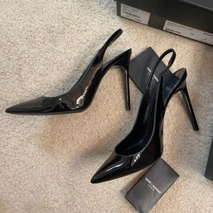 675$ Saint Laurent Anja Slingback Heels Pattern Leather Black Pumps 38